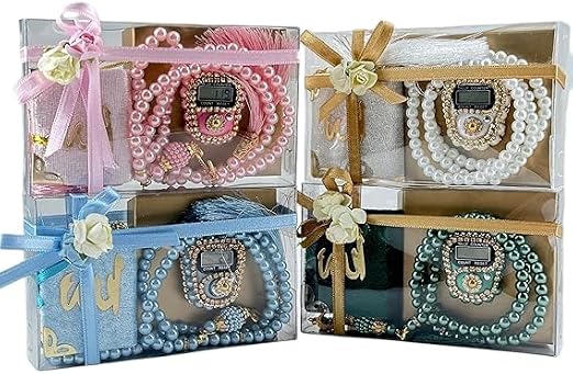 Personalized (Set of 6) Islamic Gift Set - Digital Tasbih Counter, Mini Quran and Prayer Beads in Elegant Gift Box - Muslim Gift for All Occasions