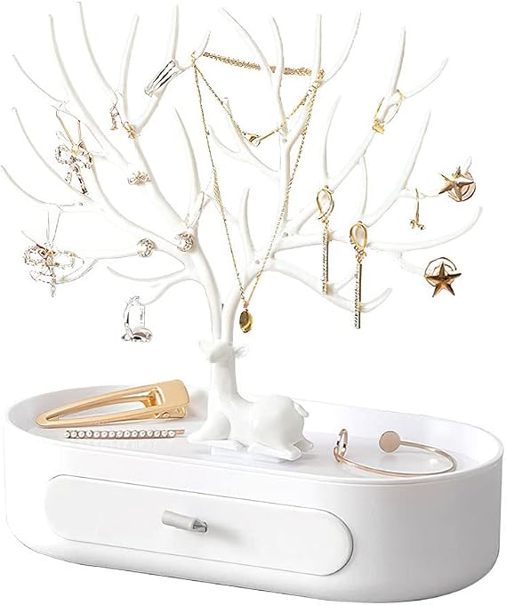 MOJUN Antlers Jewelry Display Stand with Drawers, Necklace Earring Bracelet Jewelry Organizer Display Stand, Plastic Jewelry Tree Ideal Gift for Women, White