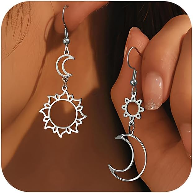Celestial Sun and Moon Earrings for Women Asymmetry Moon Star Dangle Drop Earrings Minimalist Stainless Steel Statement Charm Jewelry