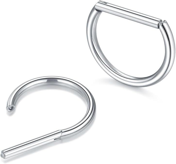 Oveta Titanium 16G D Shaped Nose Rings Hoops 8/10mm - Higned Segment Clicker Septum Rings Daith Conch Cartilage Piercing Jewelry for Women Men, Silver/Gold, 2PCS