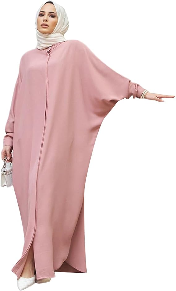 IBTOM CASTLE Womens Muslim Dress Ramadan Abaya Batwing Sleeve Henley Shirt Prayer Dress Kaftan Dubai Islamic Loose Maxi Dress