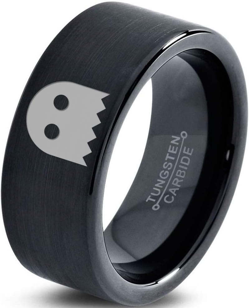 Ghost Blanket Eyes Looking Ring - Tungsten Band 8mm - Men - Women - 18k Rose Gold Step Bevel Edge - Yellow - Grey - Blue - Black - Brushed - Polished - Wedding - Gift Dome Flat