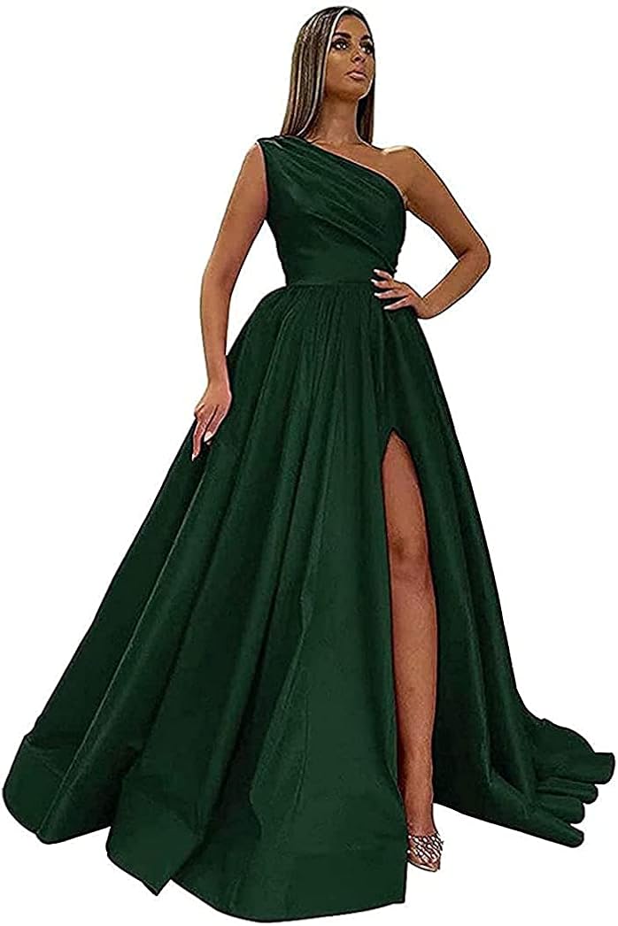 Tailang Women One Shoulder Prom A Line Dress with Slit Long Satin Formal Evening Dresses Party Gowns