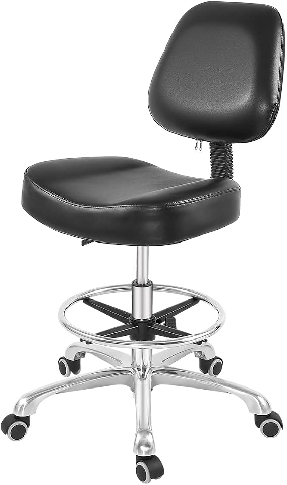 Grace&Grace Drafting Chair Tall Office Stool with Wheels,Heavy Duty Shop Stool Chair for Studio,Workshop,Office, Home Office (Black, Classic with Footrest)
