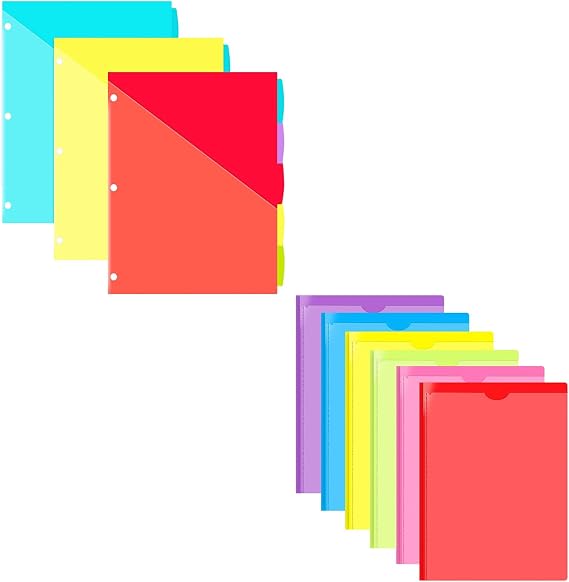 15 pcs 5-Tab Plastic Binder Dividers with Front Pockets+6 Pack Heavy Duty Plastic Pocket Folder with Prongs and Clear Front Pocket