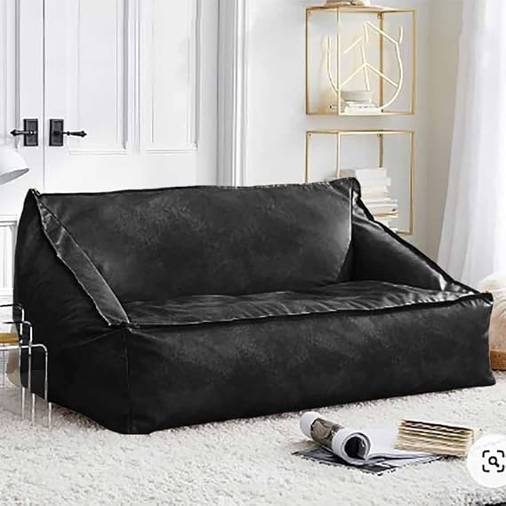 SXBCyan Bean Bag Chair Cover (No Filler) 2-seat PU Leather Without Filler Beanbag Couch Waterproof Sofa Bed Soft Luxury Lounger Pouf Sac Floor Seating Home Furniture Loveseat(Black)