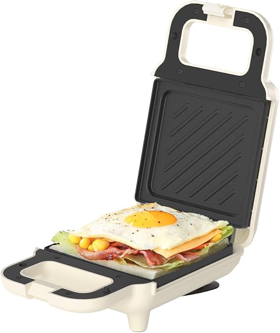 SIMPLUS Small Sandwich Maker for Crispy Triangles Sandwich Toaster 650 W Non-Stick Plates Quick Heating Overflow Protection Heat-Insulated Handle BPA-Free Cream White