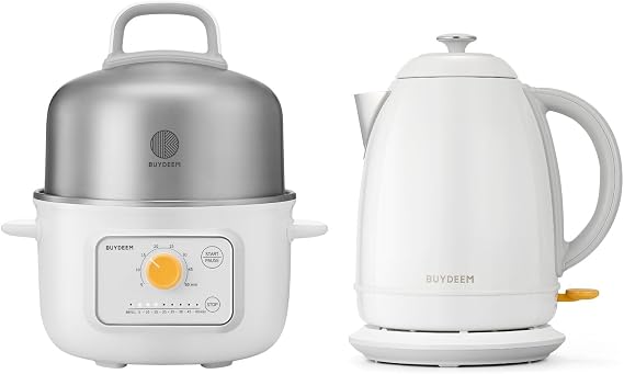 BUYDEEM G32 Electric Food Steamer 1.6QT with K640 Stainless Steel Electric Tea Kettle 1.7L Arctic White