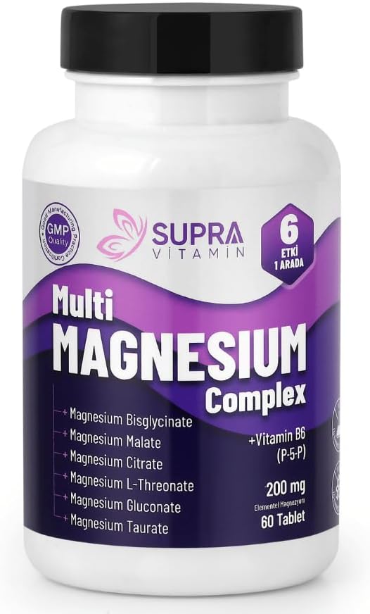 Multi Magnezyum Complex 60 Tablet- Klinik Onaylı Patentli Magnezyum Albion TRAACS® & Magnesia®, Bisglisinat + Sitrat + Malat + L-Threonat + Glukonat & Taurat + Vitamin B6 (P5P)