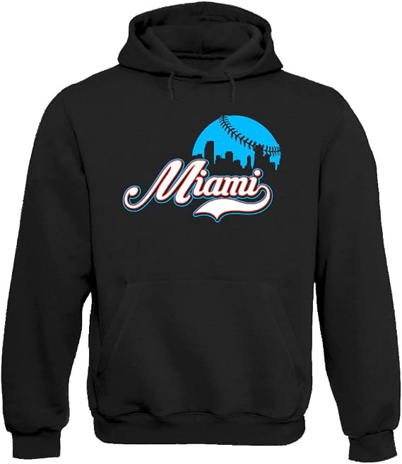 Xtreme Apparrel Miami Baseball City Skyline Men's Fan Hoodie Sweatshirt (Black Hoodie, 2XL)