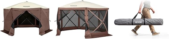 VEVOR Pop Up Gazebo Screen Tent 6 Sided Canopy Sun Shelter with 6 Removable Privacy Wind Cloths & Mesh Windows, 11.5x11.5FT Quick Set Screen Tent with Mosquito Netting, Brown