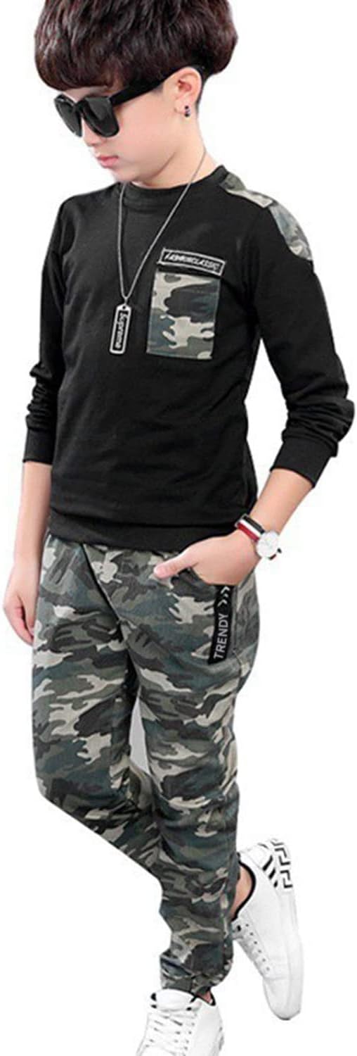 lontakids Boys 2 Pieces Set Long Sleeve Tops + Camouflage Pants Outfits Boys Clothes Set