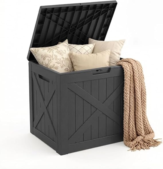 Mars Villa 31 Gallon Deck Box, Outside Bin, Outdoor Storage Box, Black | Barn Style, Waterproof, UV-Resistant and Weatherproof, Resin, for Outdoor Patio Furniture Cushion, Pool Supply, Garden Tool
