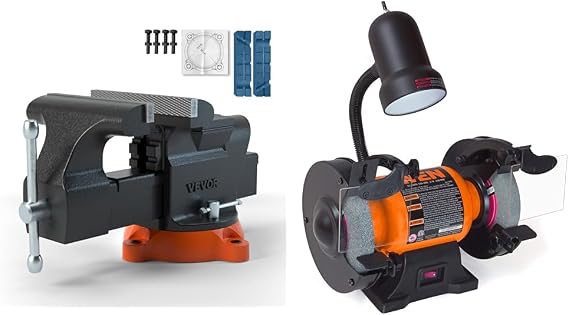 VEVOR Bench Vise, 6-inch Jaw Width 5.9-inch Jaw Opening, 360-Degree Swivel Locking Base Multipurpose Vise & WEN BG4276 2.1-Amp 6-Inch Single Speed Bench Grinder with Flexible Work Light
