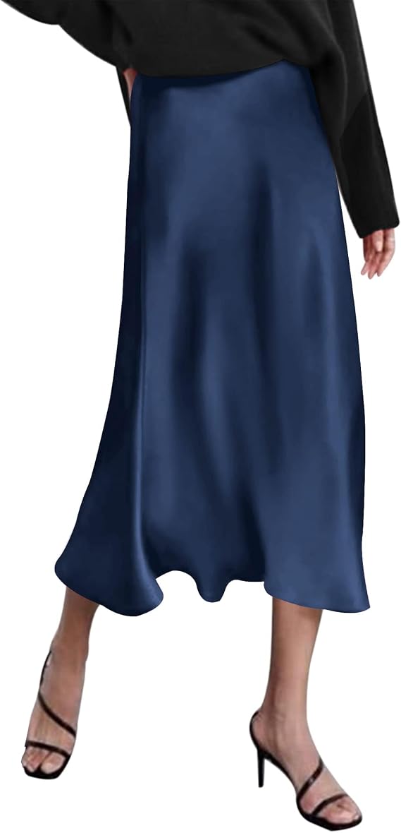 HOTOUCH Womens Midi Skirt High Waisted Solid Satin Dress Zipper Elegant Work Skirts