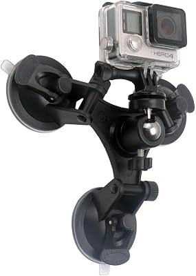 Reflex Camera Car Windshield Triple Suction Cup Mount Holder Stand with 14-20 Screw, 360 Ball Head Compatible with Go Pro, Insta 360, DJI, Plus Other Action Cameras Strong Secure Suction Base