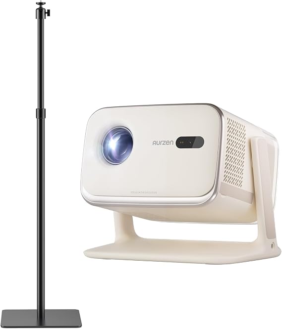 Aurzen BOOM mini Smart Projector Bundle with Adjustable 17.343.3 in Height Projector Stand, 20W Dolby Audio, Real-Time Focus, 4K Supported Smart Portable Home Theater Projector Outdoor, Off-white