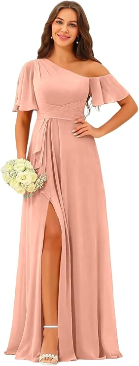 One Shoulder Bridesmaid Dresses with Pockets for Women Ruffle Chiffon Pleated Long Formal Dress