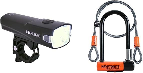 Planet Bike Beamer 700 Bike Headlight and Kryptonite Evolution Mini-7 Bike U-Lock with 4ft Cable Bundle
