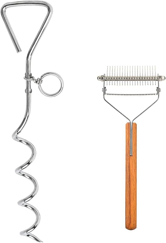Dog Tie-Out Stake and 2-in-1 Shedding Grooming Tool
