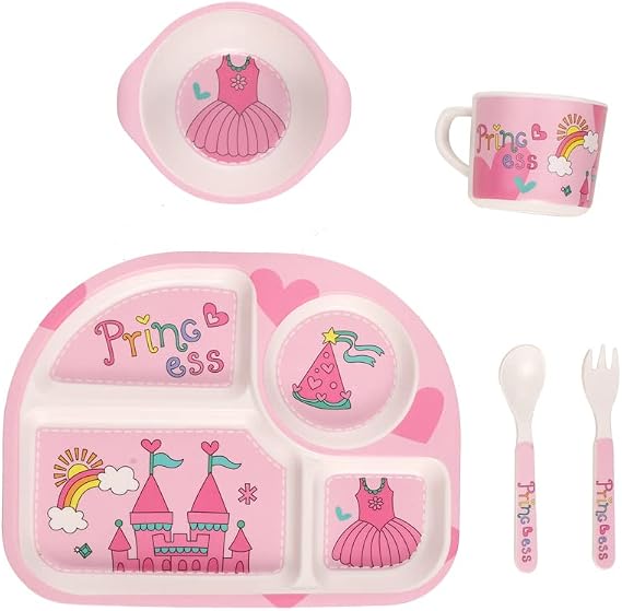 Kids Dinnerware Set Bamboo 5 Pcs Plate Bowl Cup Fork Spoon (Princess)