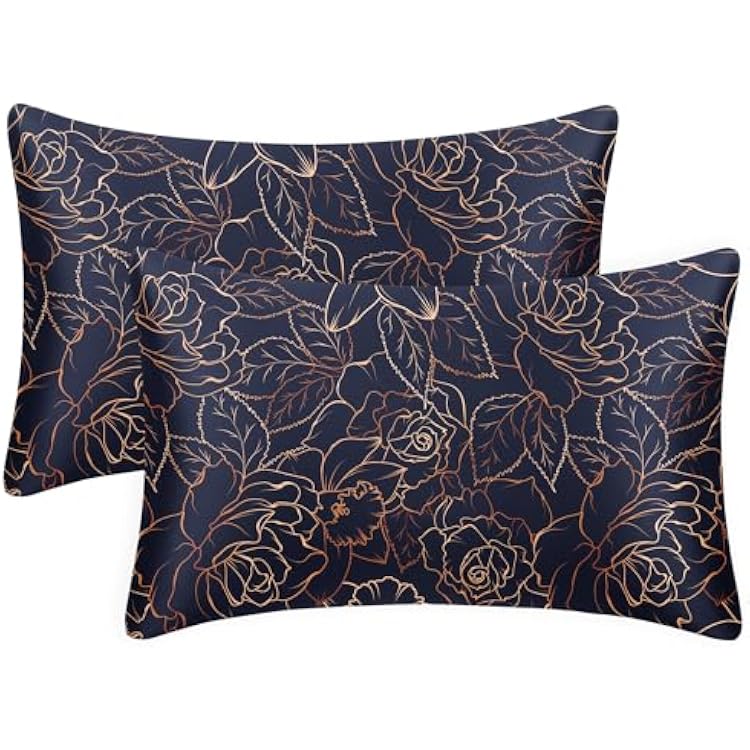 EXQ Home Satin Pillowcase for Hair and Skin- Rose on Blue Silk Pillowcase 2 Pack 20x26 inches - Standard Size Pillow Cases with Envelope Closure, Gifts for Women