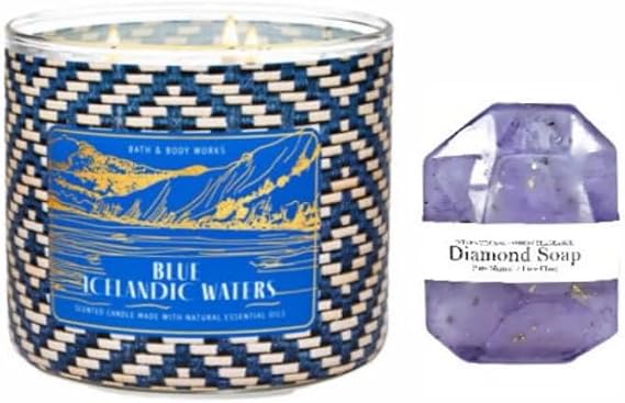 White Barn Bath & Body Works - 3-Wick Scented Candle 14.5 OZ Burns 25-45 Hours and Diamond Soap (Blue Icelandic Waters)