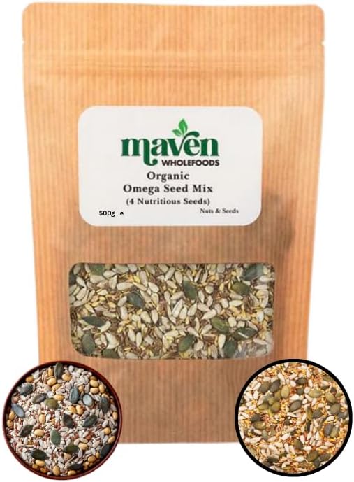 Maven Wholefoods Organic Omega Seed Mix 500g | 4 Nutritious Seeds Blend | High Fibre & Plant Protein | Rich in Omega 3 & 6 | GMO Free | Vegan & Vegetarian | Healthy Snack, Smoothies & Salad Topping