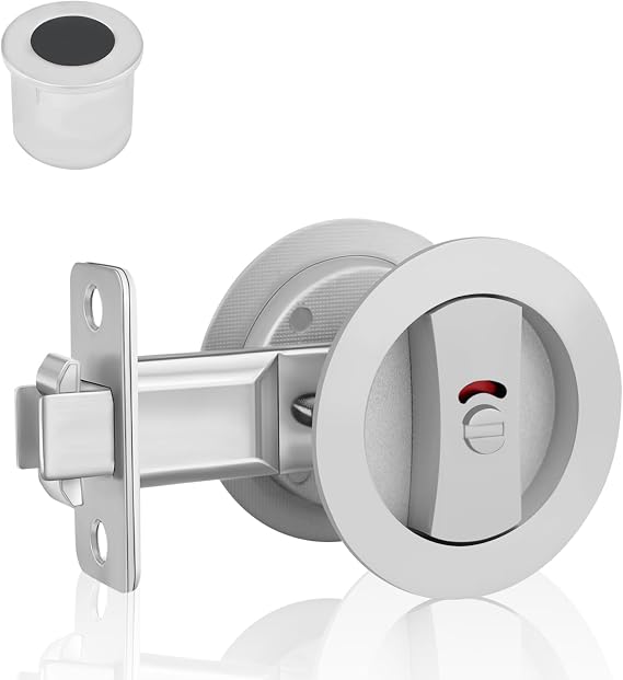 Round Pocket Door Lock and Edge Pull, Privacy Pocket Door Latch with Color Coded Indicators, Brushed Nickel Flush Pocket Door Hardware Fits 1-1/4" ~ 2-1/5" Door Thickness, 2-3/8" Backset