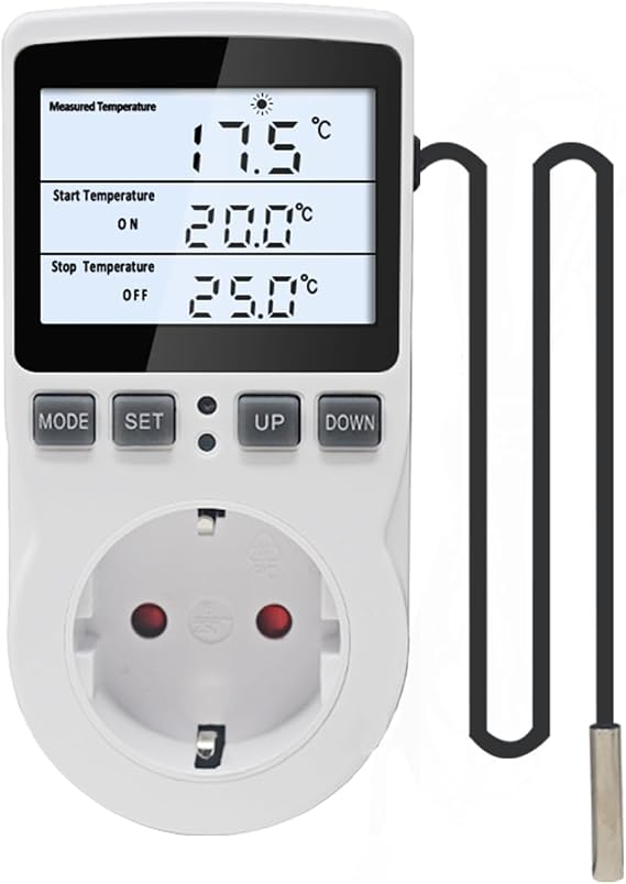 KETOTEK Thermostat Plug with Probe 220V, Backlight Function, Digital Temperature Controller Plug for Reptile Greenhouse Incubator, Heating/Cooling Mode