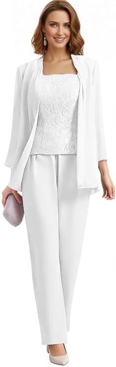 3 Pieces Mother of The Bride Pant Suits for Women Chiffon Lace Formal Evening Outfit with Jacket WT028