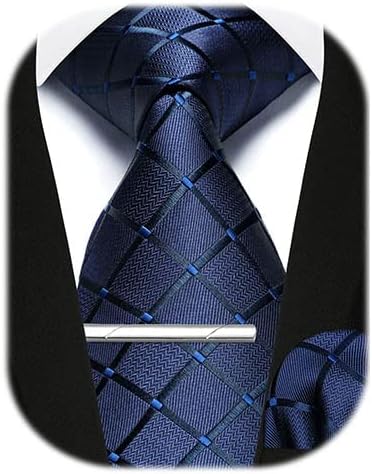 Enlision Ties for Men Plaid Stripe Tie Handkerchief Woven Classic Formal Necktie Pocket Square Clip Set