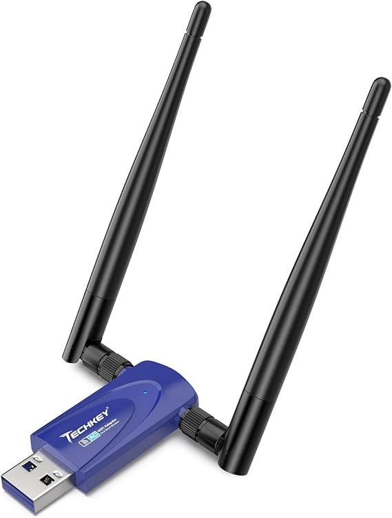 Wireless USB WiFi Adapter for Desktop PC, Techkey AC1300Mbps Network Dongle with Dual Band 2.4GHz/400Mbps 5GHz/867Mbps 5dBi High Gain Antenna for Laptop Computer Compatible Windows 11/10-Blue