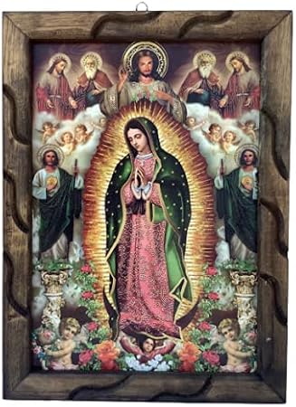 Virgen De Guadalupe Con Varios Santos Imagen[Divina Misericordia,Santisima Trinidad & San Judas Tadeo] En Cuadro Rustico 13"x18" ,Our Lady Of Guadalupe Wooden Rustic Frame