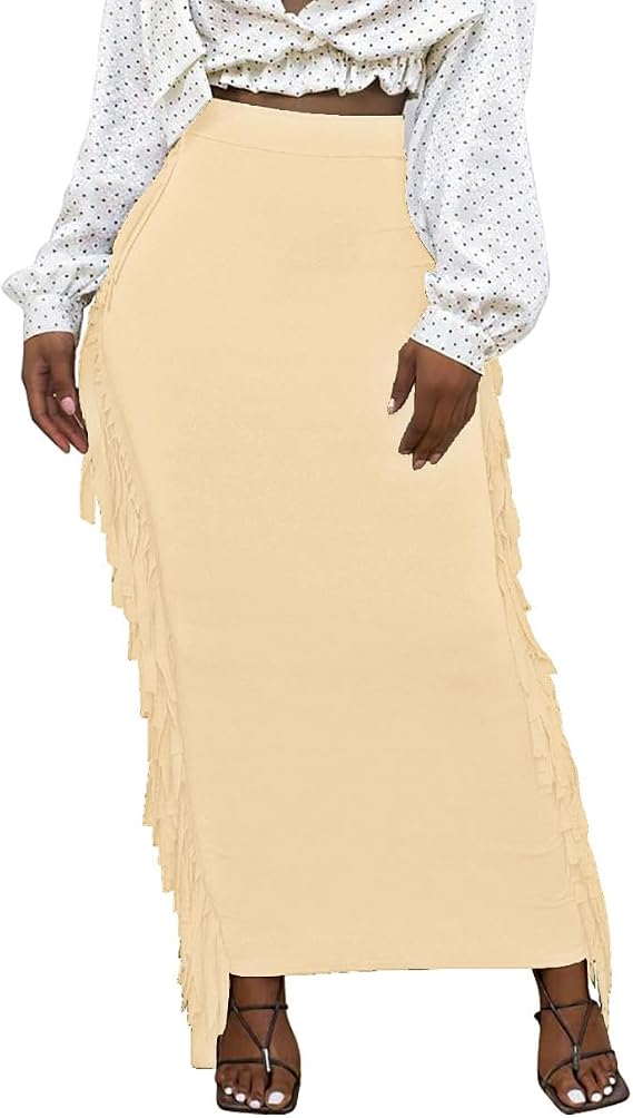 Lrady Women's High Waist Side Fringe Maxi Pencil Skirt