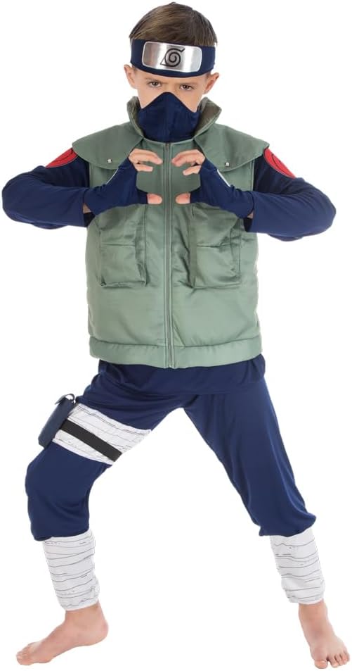 Chaks - Kakashi Hatake Costume Boys Official Naruto Outfit with Accessories, 8-Piece Anime Set for Carnival & Comic Con