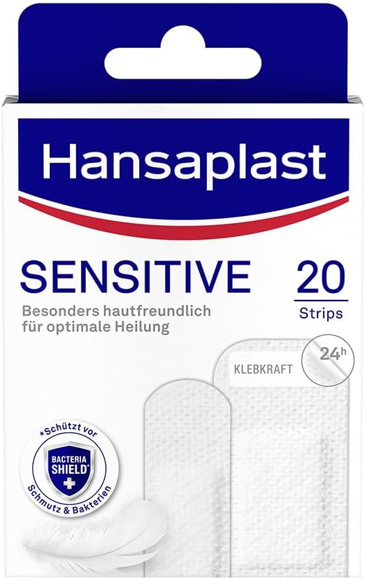 Hansaplast Sensitive Plasters (20 Strips), Skin-Friendly and Hypoallergenic Wound Plasters with Bacteria Shield & Secure Adhesion, Painlessly Removable