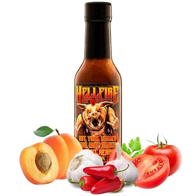 Hellfire Hot Sauce Not Your Mamas BBQ Sauce Apricot Reaper - Multi Award Winning Gourmet BBQ Hot Sauce! A tomato based BBQ sauce created with fire roasted tomatoes, fire roasted jalapenos, cayenne peppers and Carolina reaper peppers for heat, apricots, honey, pure maple syrup for sweetness, a hint of Arabica coffee, sun dried tomatoes, onions, spices and plenty of garlic!