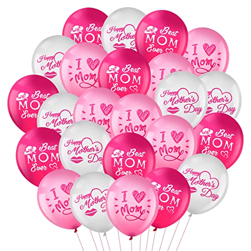 24 Pieces 12 Inch Latex Happy Mothers Day Balloons Decorations - Best Mum Ever I Love You Mum Heart Printed Balloons Set Gift Party Supplies