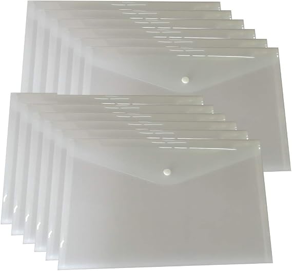 SkyRainbow 12 Pcs Clear White Plastic File Envelopes, A4 Letter Size, Durable and Water Resistant