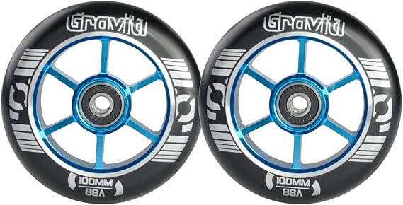 GRAVITI 100mm Pro Stunt Scooter Wheels One Pair with ABEC-9 Bearings CNC Metal Core (2pcs) (Black PU Light Blue Core)