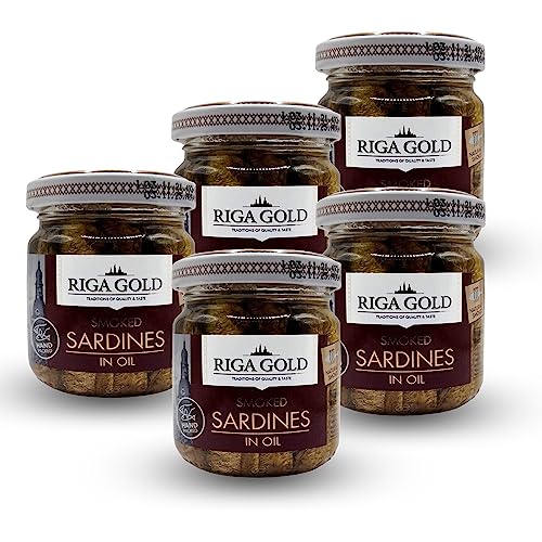 Riga Gold Smoked Sardines in Oil, 100g Jar Kosher Certified Pack 5