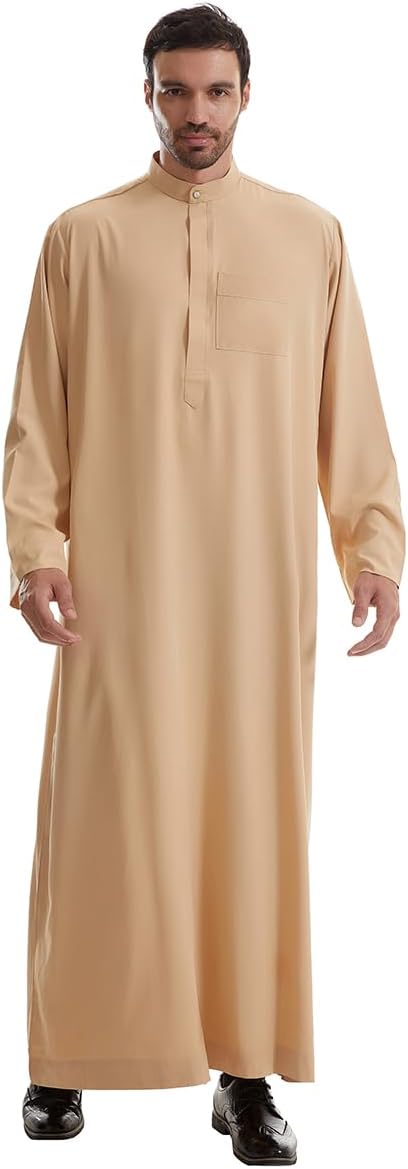 Men Muslim Arab Round Stand Collar with Zipper Pure Color Robe for Islamic