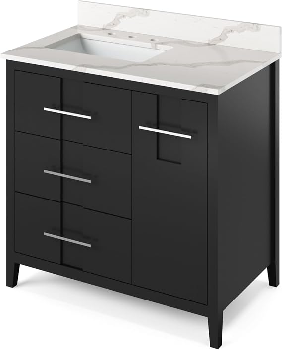 36" Black Katara Vanity, left offset, Calacatta Vienna Quartz Vanity Top, undermount rectangle bowl