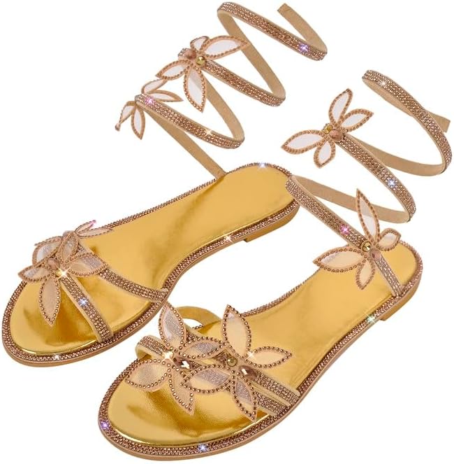 MissHeel Gold Rhinestone Wrap Up Sandals with Butterfly Sparkle Ankle Strap Flat Sandles Diamond Strappy Butterfly Sandles Dressy Size 6