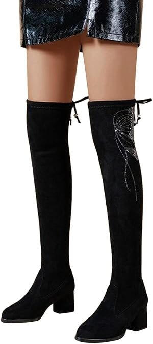 Platform Thigh High Boots for Women Ladies Fashion Casual Leather Splicing Round Toe Chunky Bottom Mid Heels Over The Knee Long Boots Warm Stretchy Knitted Winter Dress Tall Booties Shoes