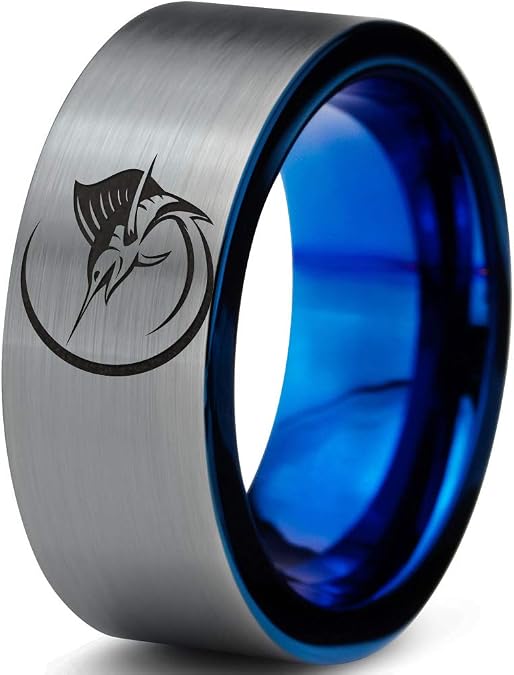 Marlin Marlins Sea Animal Creature Fish Ring - Tungsten Band 8mm - Men - Women - 18k Rose Gold Step Bevel Edge - Yellow - Grey - Blue - Black - Brushed - Polished - Wedding - Gift Dome Flat Cut