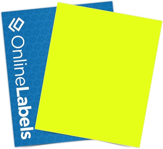 OnlineLabels 8.5" x 11" Rect. Labels - Fluorescent Yellow - 100 Sheets | Permanent Adhesive, Blank Rectangle Labels, Inkjet & Laser Compatible, Ideal for Sticker Paper Full Sheet Labels