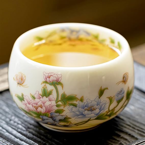Chinese Culture Classic Tea Cup SeriesHandmade Ceramic Tea Cup Home Master Cup Large Kung Fu Tea Set Single Cup Tea Bowl Cup (Butterfly Love Peony Luohan Cup (White)