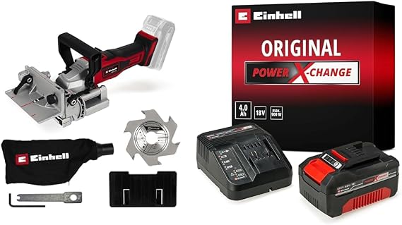 Einhell TE-BJ 18 Li - Solo, Akülü Yassı Dübel Frezesi + Einhell 18V 4,0 Ah PXC Starter Kit, Akü & Şarj Cihazı